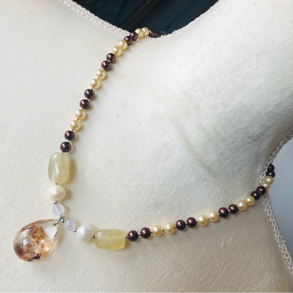 Handcrafted repurpose genuine ghost quartz pendant Czech glass Pearl necklace